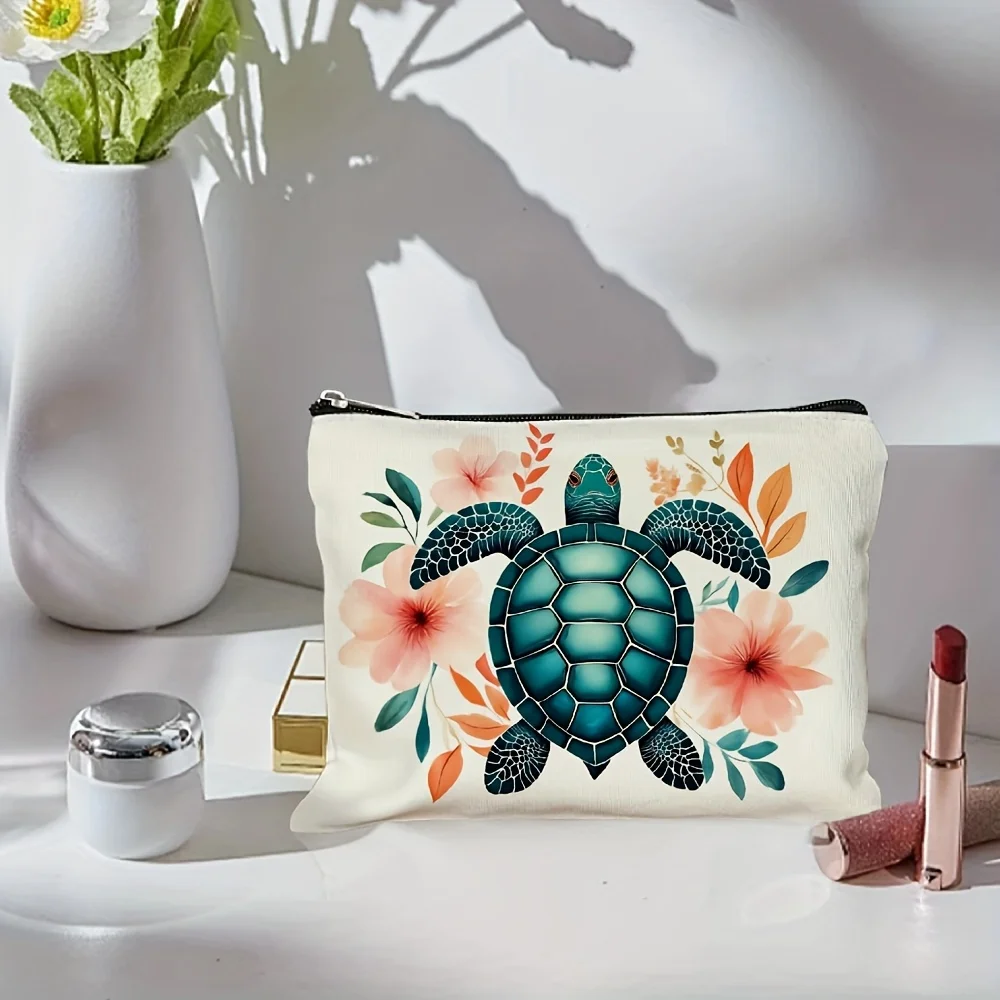 바다거북 꽃무늬 화장품 가방 - 다기능 지퍼 파우치, 보석 보관 가방,