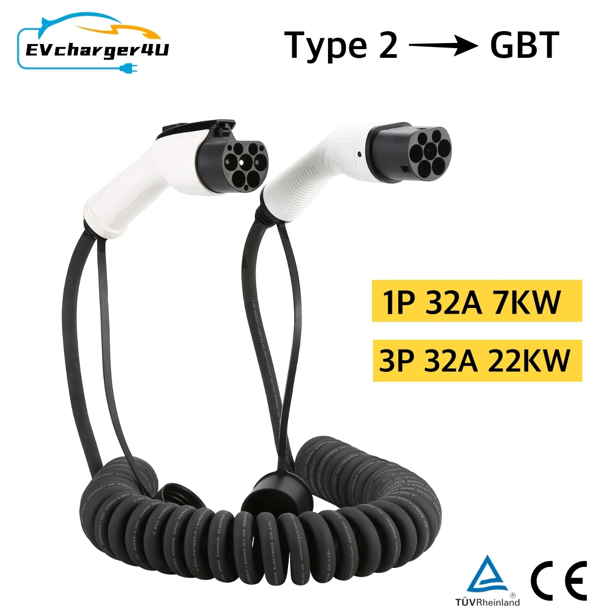 EVcharger4U IEC62196 Tipo 2 a GBT Cavo di ricarica EV a spirale 1 fase/3 fasi 32A 5M Type2 GB/T Cavo EVSE a spirale per EV cinese