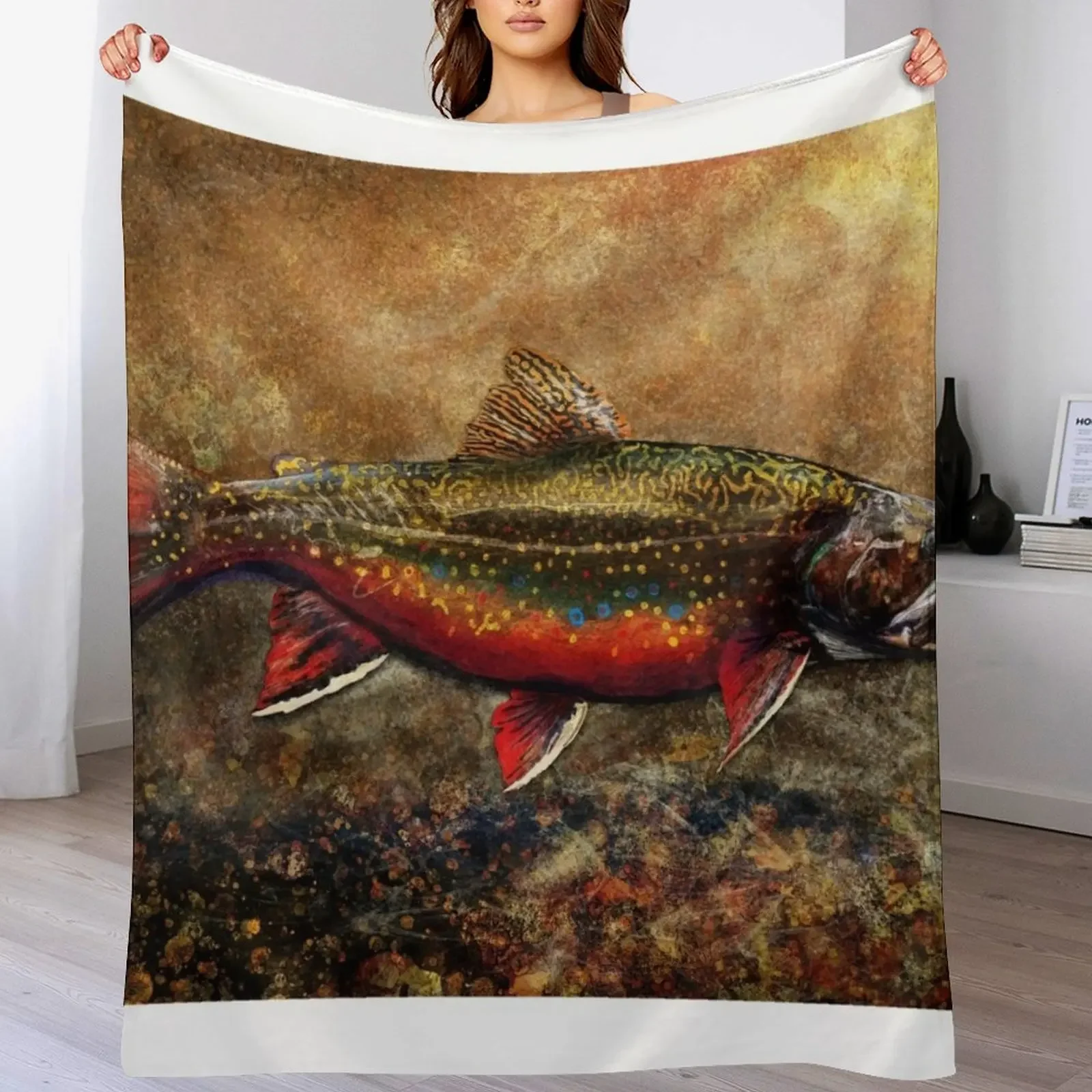 

Spawning Male Brook Trout Illustration Throw Blanket Decoratives Bed covers Camping Blankets
