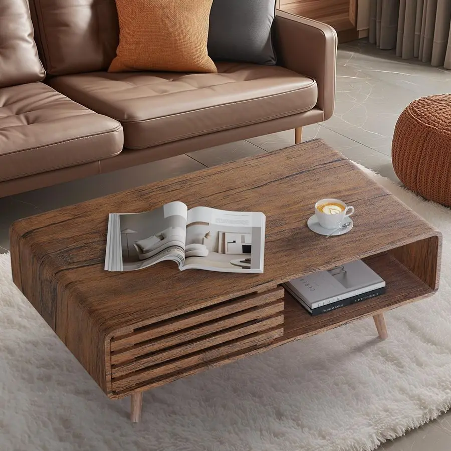

Coffee Table with Storage, Farmhouse Wood Tables for Living Room, Easy Assembly, Suitable for Various Home Styles Walnut