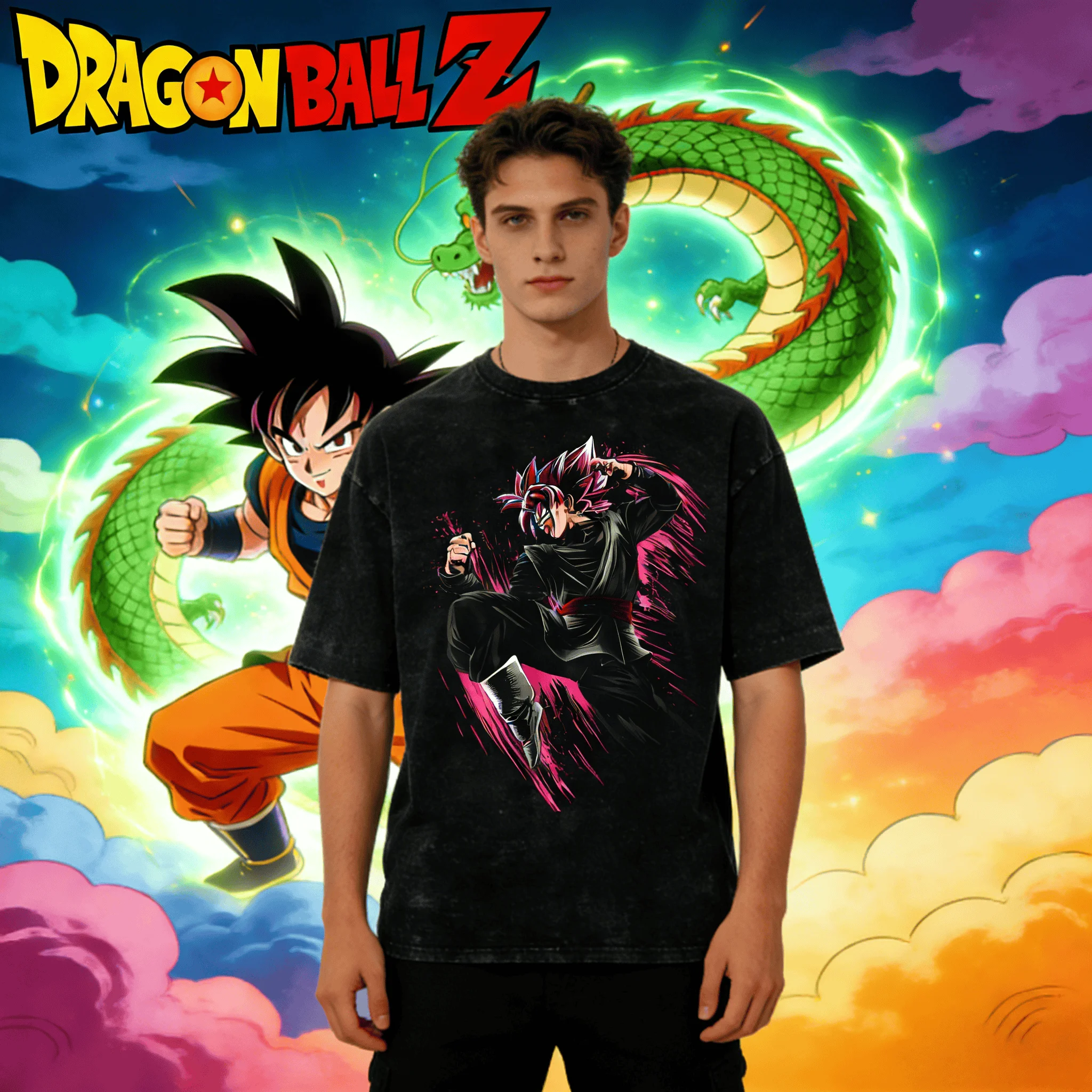 Dragon Ball Vintage Print T-Shirts aus gewaschener Baumwolle, übergroße Unisex-T-Shirts, Goku Black Rose Masked Saiyan Flame Anime Tops