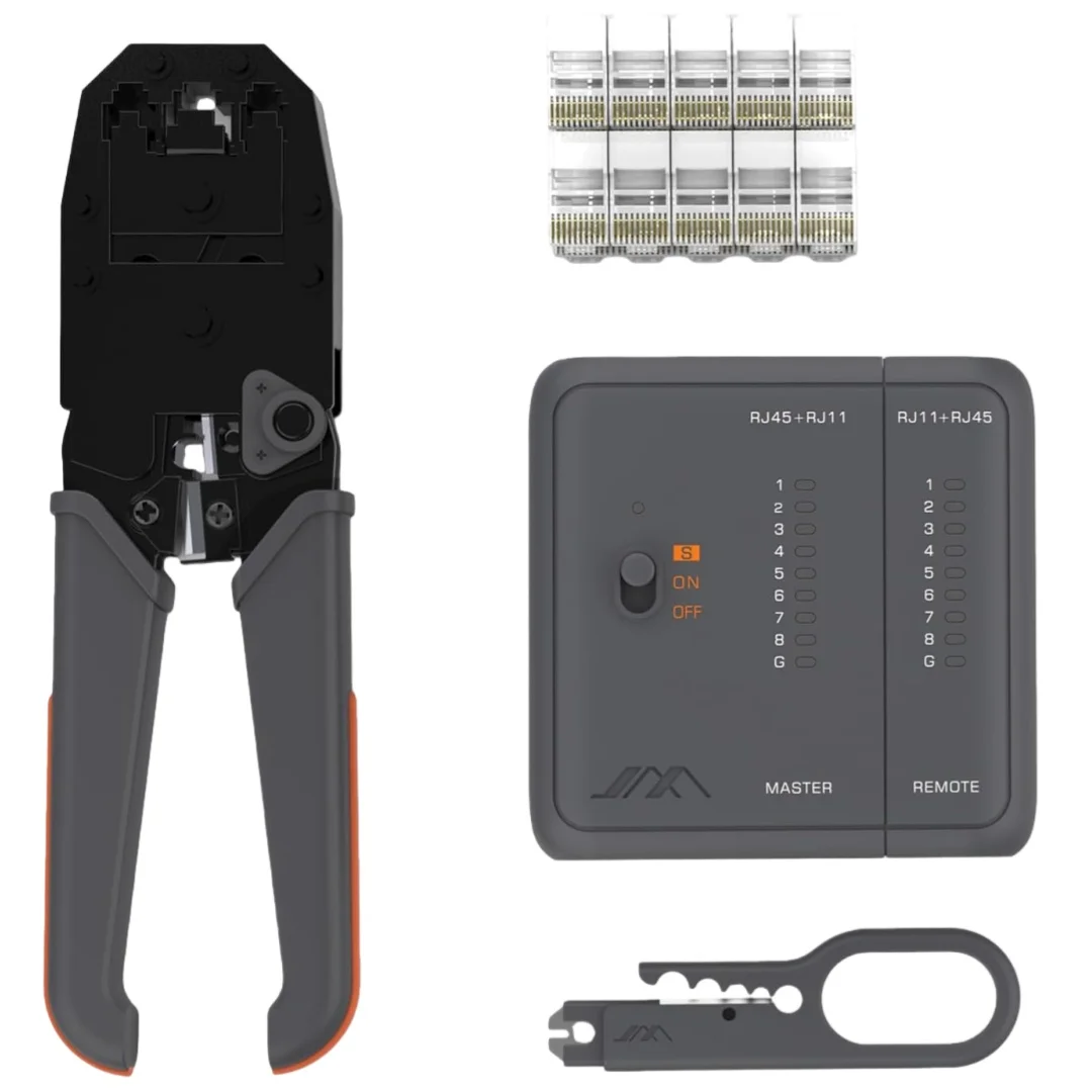 JIMIHOME JM-GTW5N Network Toolkit All-in-one Ratcheting Modular Crimper LED Light Network Cable Tester RJ45 Connectors