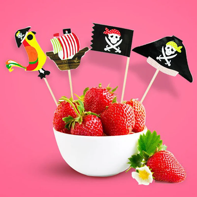 20pcs Cake Toppers Pirate Theme Fruit Picks Insert Card Halloween Party Decor