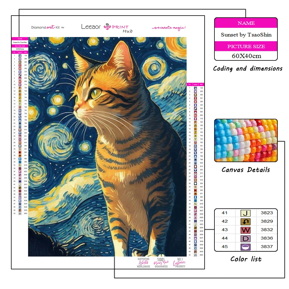 Van Gogh Starry Night Cat Diamond Painting Kits Cartoon Animal Art Rhinestone Cross Stitch Mosaic Wall Sticker Home Decor Gift