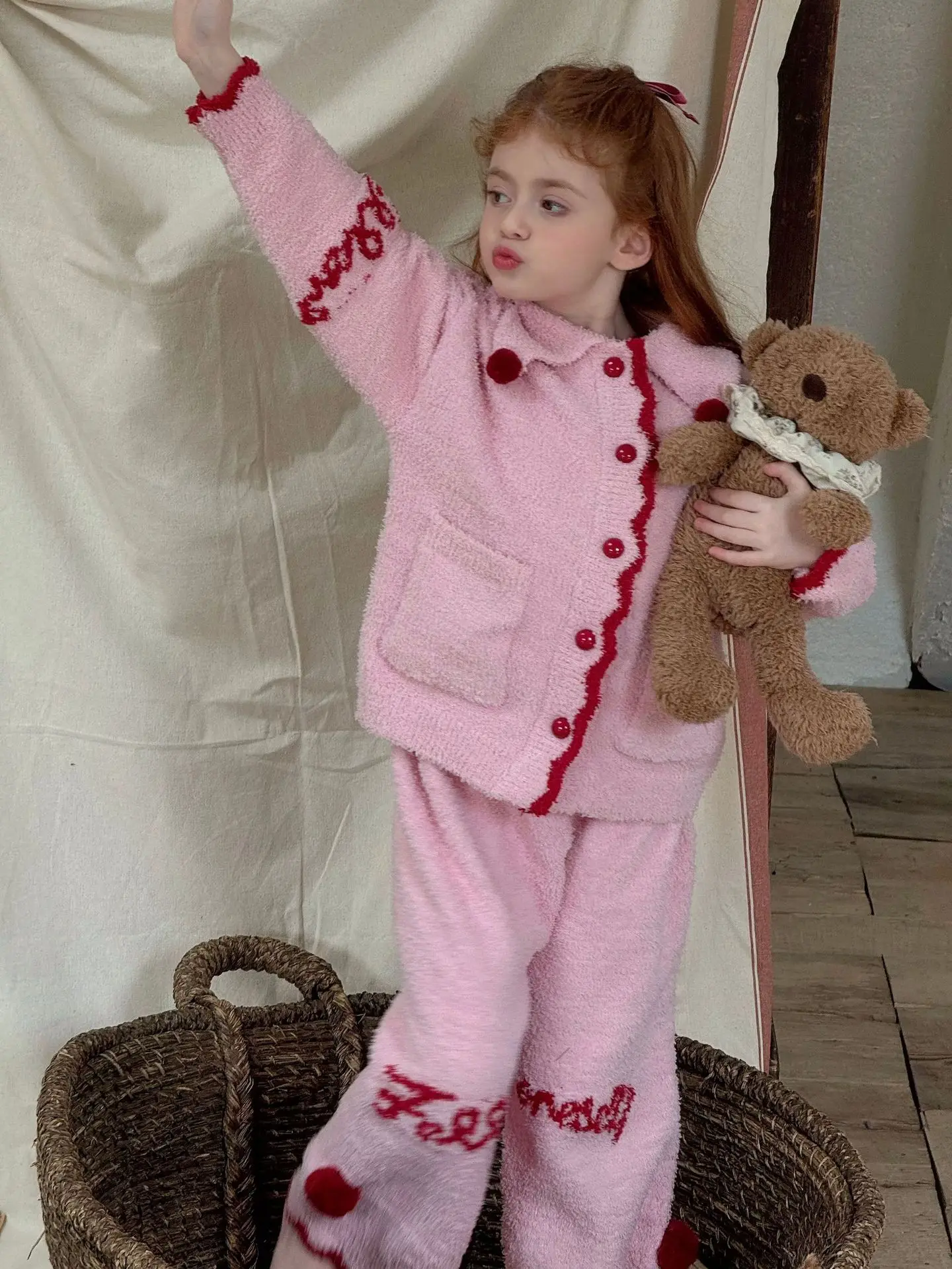 

Girls Set Home Clothes 2025 Autumn Winter New Girls Turn-down Collar Top Pant Casual Two Piece Set