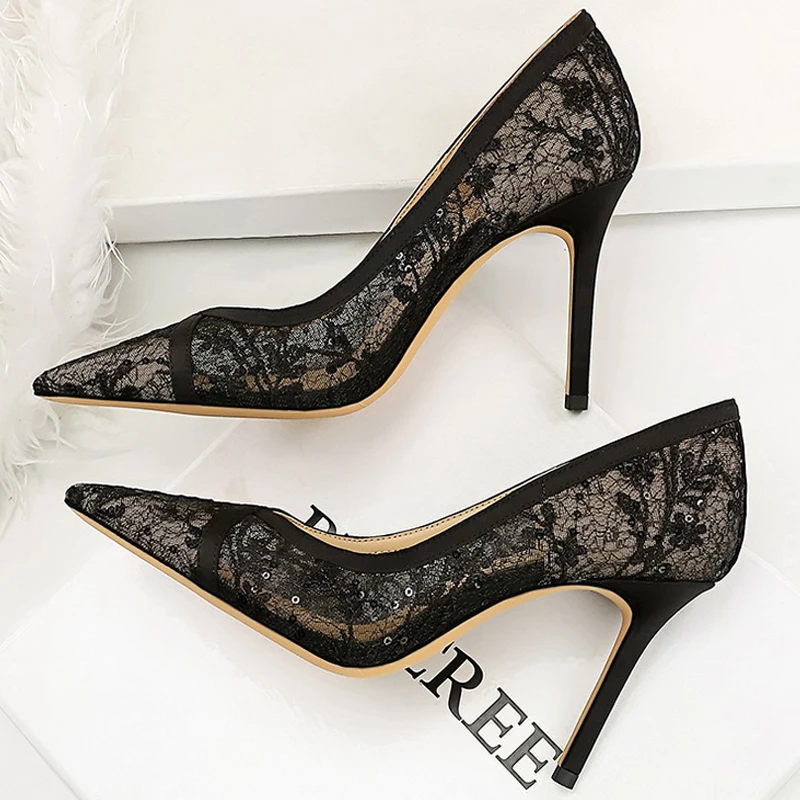 BIGTREE Shoes Mesh Hollow Lace Women Pumps Sexy High Heels Party Shoes Stiletto Heels 9.5 cm Luxury Banquet Shoes Ladies Pumps