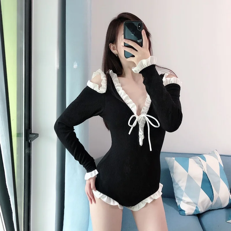 

Hebden Sle Classic Bla White Long Sve Swimwear Women's Thermal Belly Covering Slimming Small Chest Sunscreen...