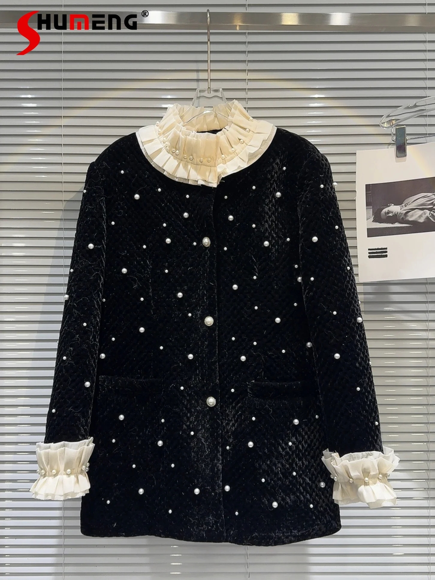 

Fashionable 2023 Winter New Beaded Collar Plaid Down Feather Liner Coats Long Sleeve Single-Breasted Coat Feminine Trench