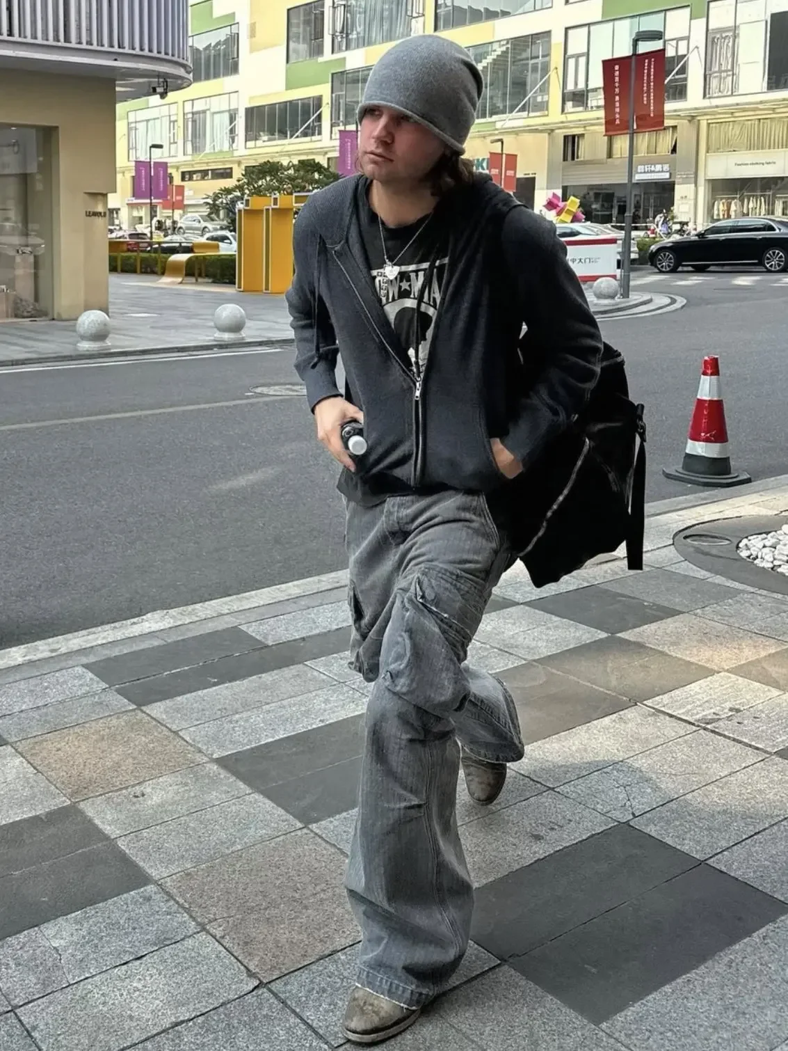 No faith herringbone twill drawstring grey cargo multi-pocket patch paint straight overalls