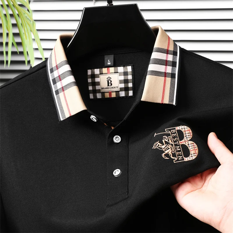 Modisches, hochwertiges, besticktes Herren-Polohemd aus Baumwolle, Herbst-Revers-T-Shirt in Kontrastfarben, lässige, vielseitige Herrenbekleidung – Detail 8