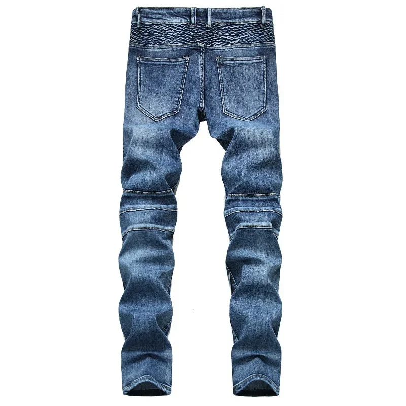 New Men\'s Patchwork Vintage Biker Jeans Hip Hop Slim Straight Elastic Cycling Denim Pants Male Fashion Streetwear Trouser