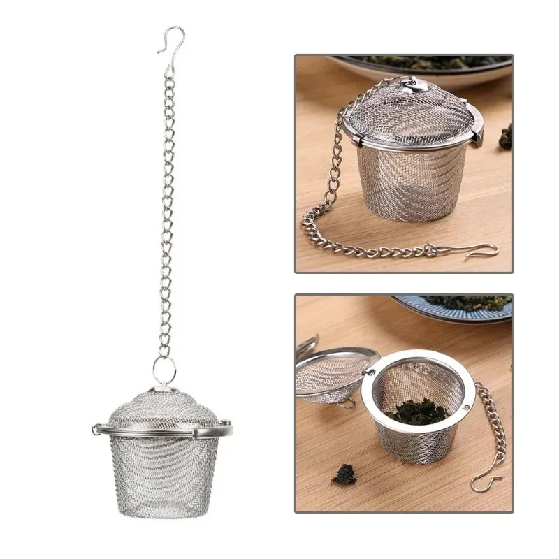 1PC ​Stainless Steel Fine Mesh Tea Spice Strainer Locking Lid Durable Chain Reusable Filter Ball for Teapot Kettle Pot Brewing