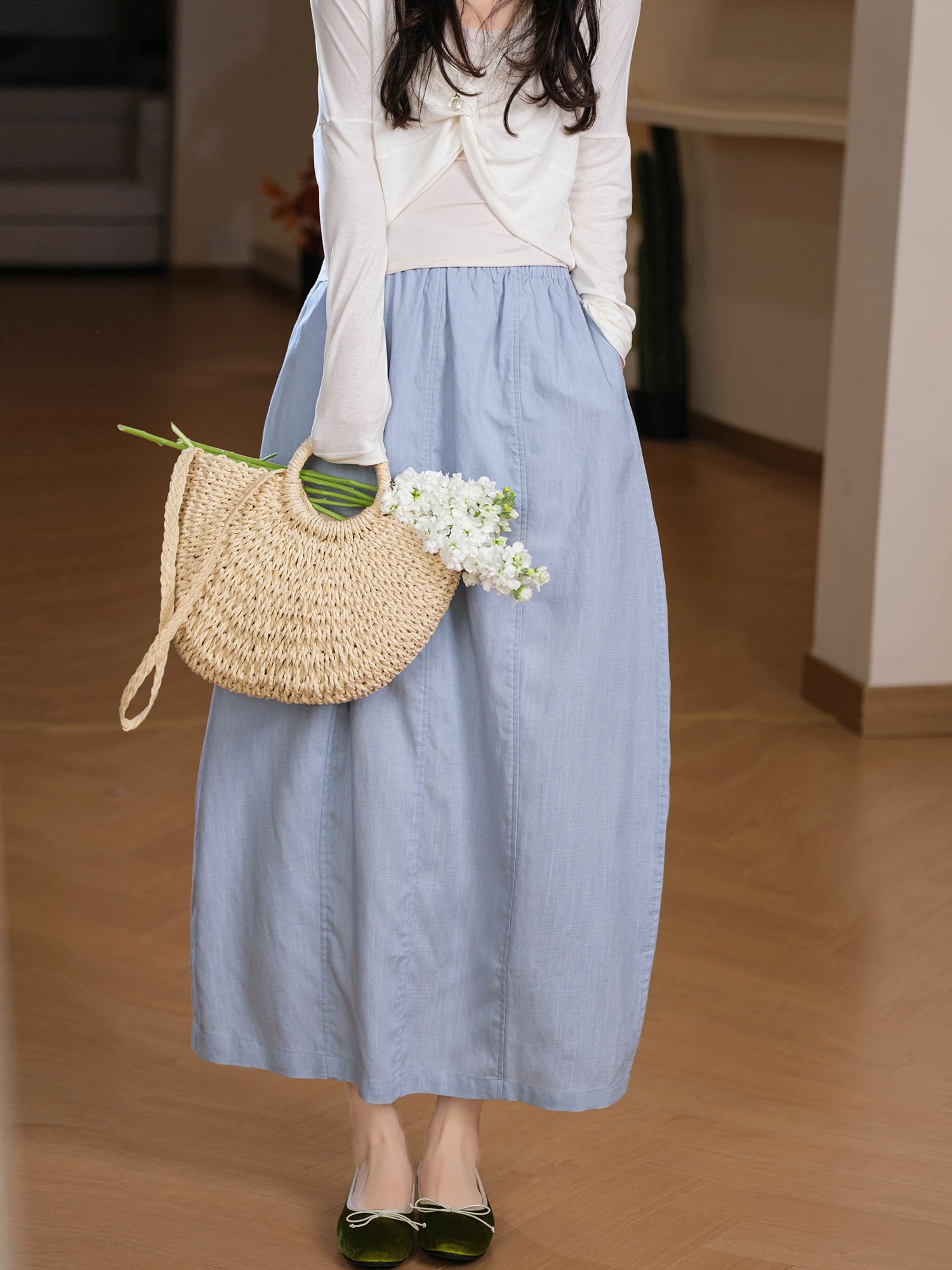 

Tulip Bud Heavyweight! Lenzing Lyocell Linen Sewing Elastic Waist Half Skirt Loose Fit A-Line Skirt Ladies Premium Fashion