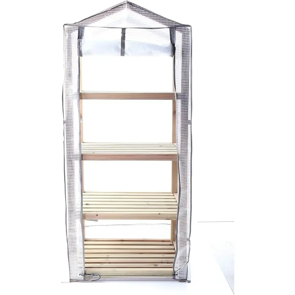 4-Tier Wooden Greenhouse with Reinforced Polyethylene Cover, 19x24x63 Inches
