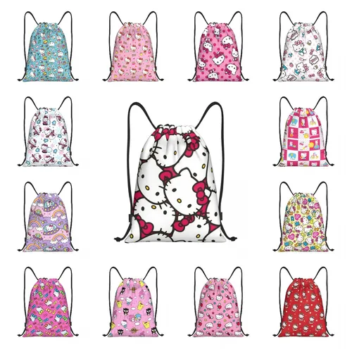 여성용 귀여운 헬로 키티 고양이 복조리 백팩 스포츠 체육관 가방, 만화 고양이 쇼핑 배낭 
