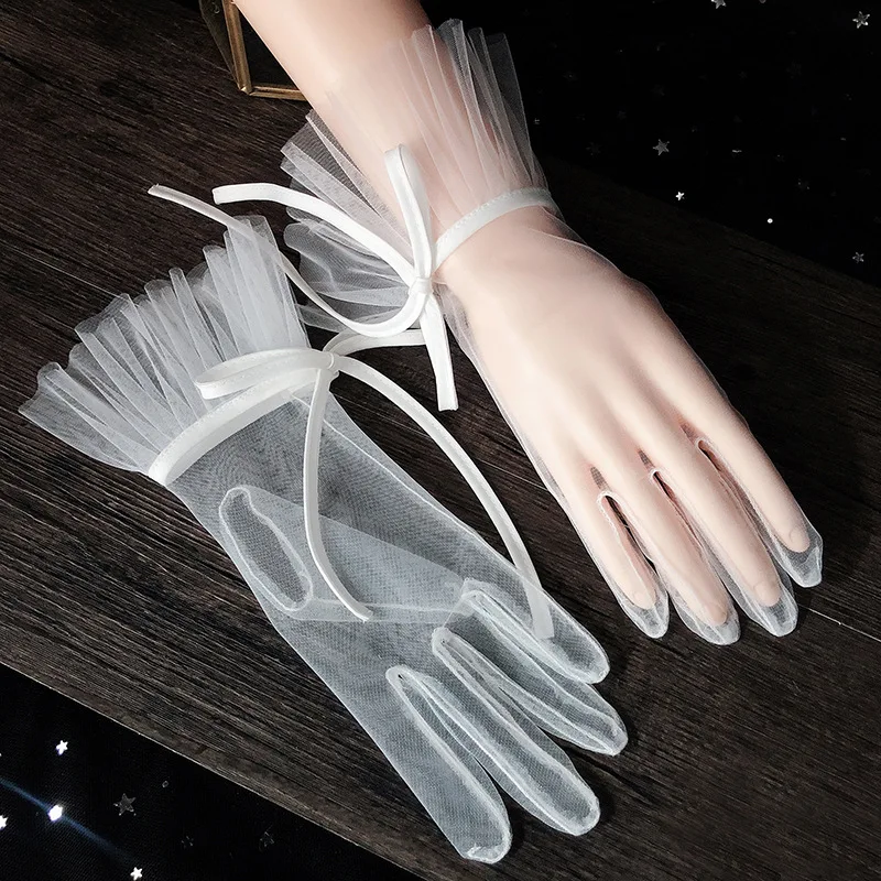 Bridal Gloves See through Tulle Gloves Ladies Ivory Wrist Gloves Marriage Glove Women Evening Party Cosplay Costume Accessories