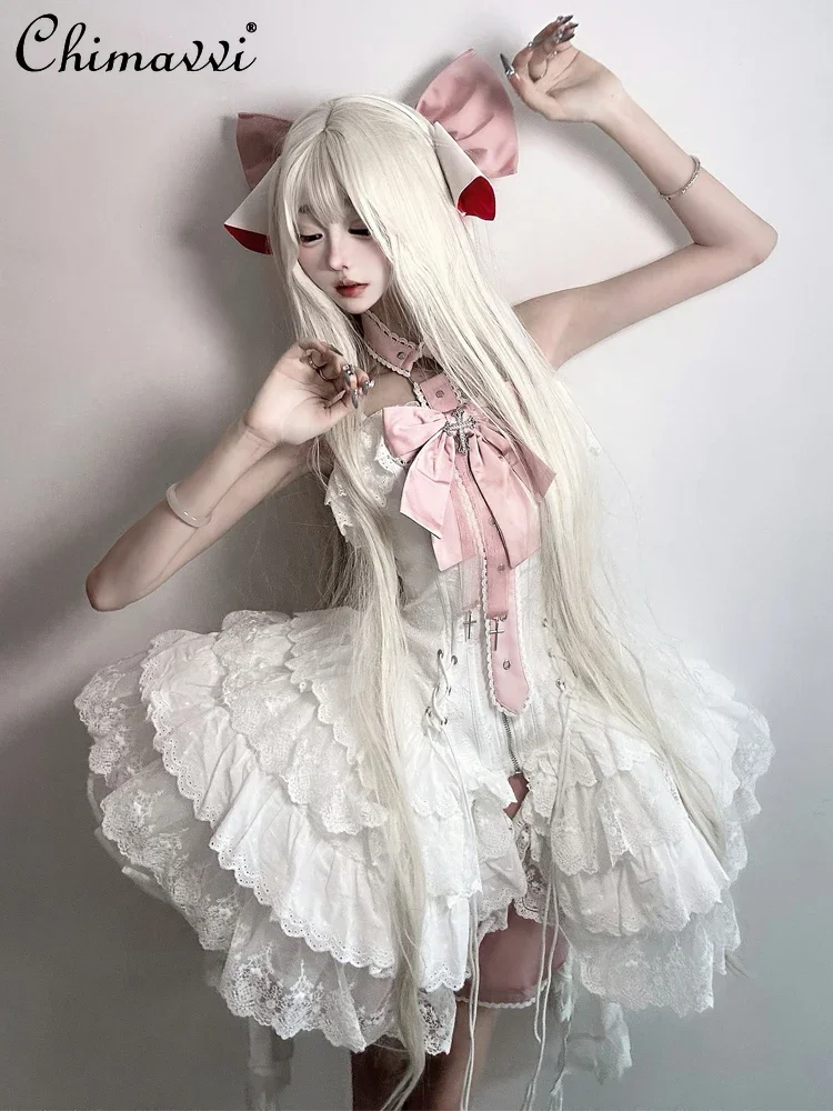 Ballett Sommer Damen Elegantes Cla JSK Hosenträgerkleid Prinzessin Süße Mädchen Große Satin Schleife Band Schlankes Fishbone Spitzenkleid Lolita