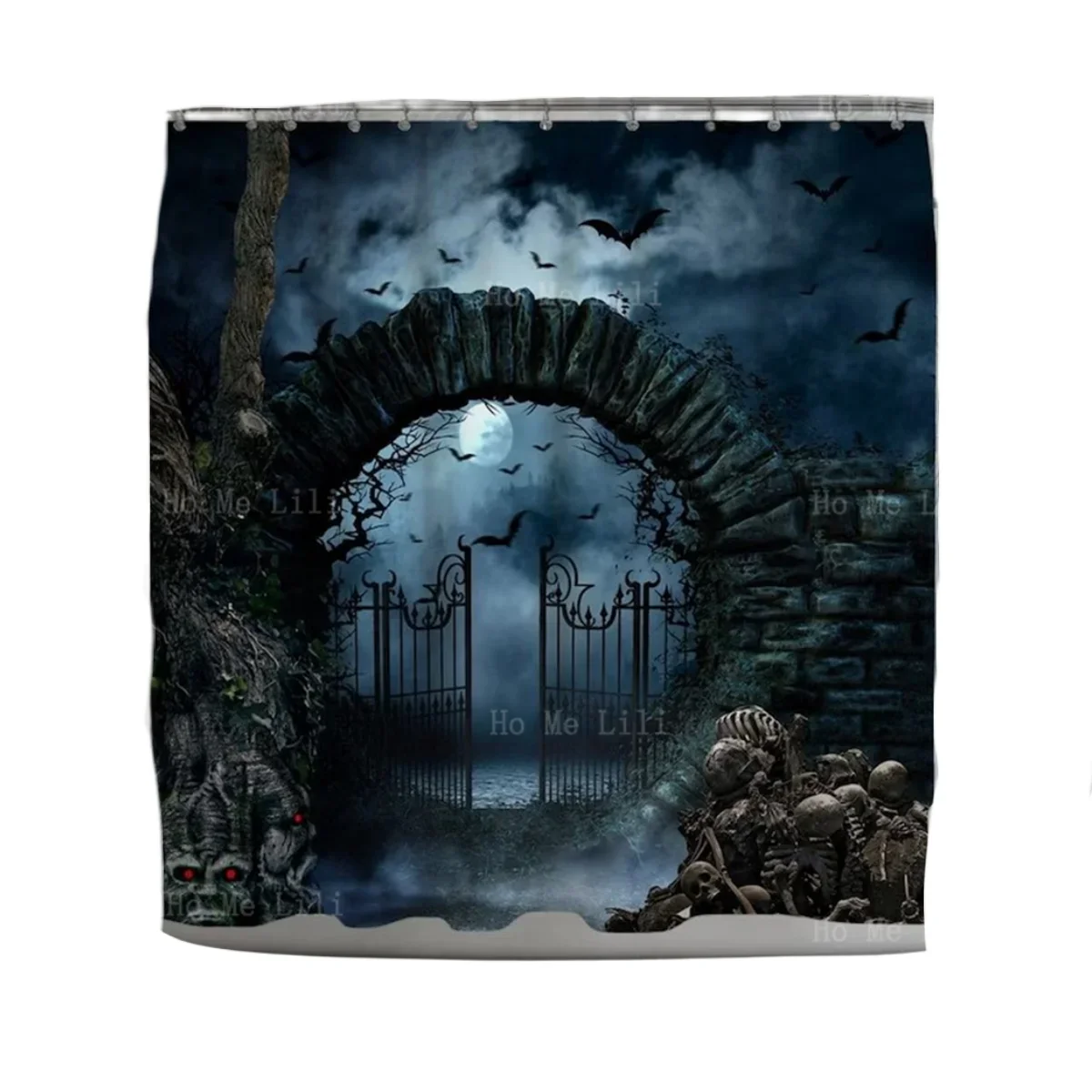 Halloween Skull Spooky Door Creepy Bat Bathroom Decorated With Shower Curtain