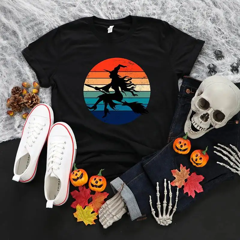 Csetas Fenas Coloridas Retrô de loween em Aodão Puro com Design de Vassoura Mágica Enaçada para Festas de lo...