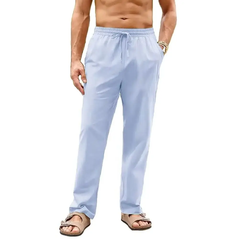 

Men's Cotton Linen Long Pants Elastic Waist Drawstring Casual Trouser Straight Legs Beach Style Lightweight Breathable Pants