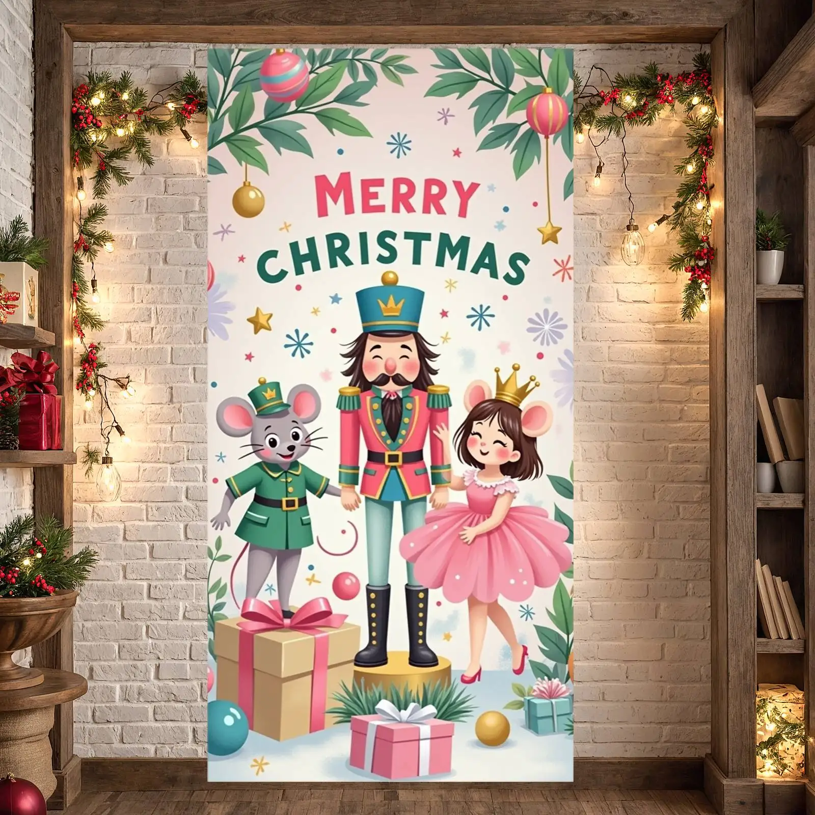 Exhibición navideña, diseño festivo, fondo de Cascanueces, fondo festivo, bailarina rosa, exhibición de celebración navideña para niños de la familia