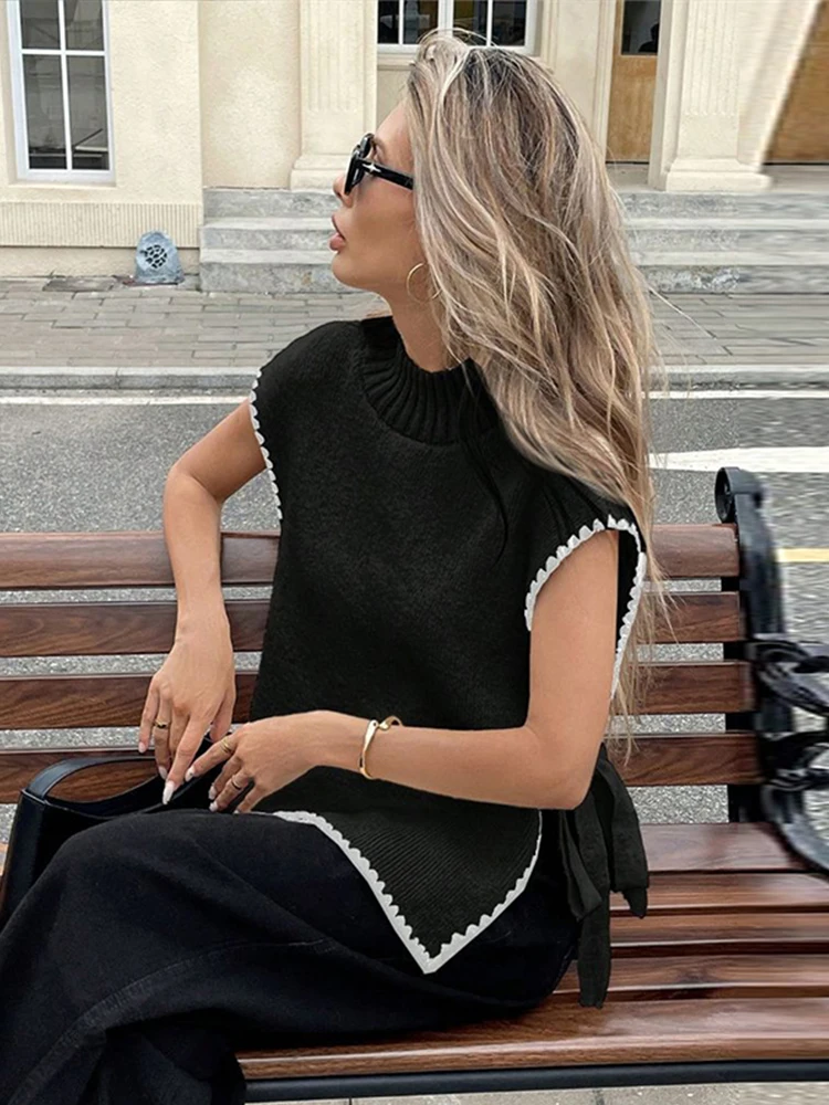 

Шикарный женский свитер с завязками и бантом, элегантный лоскутный вязаный джемпер с круглым вырезом и короткими рукавами, женская осенняя уличная женская верхняя одежда