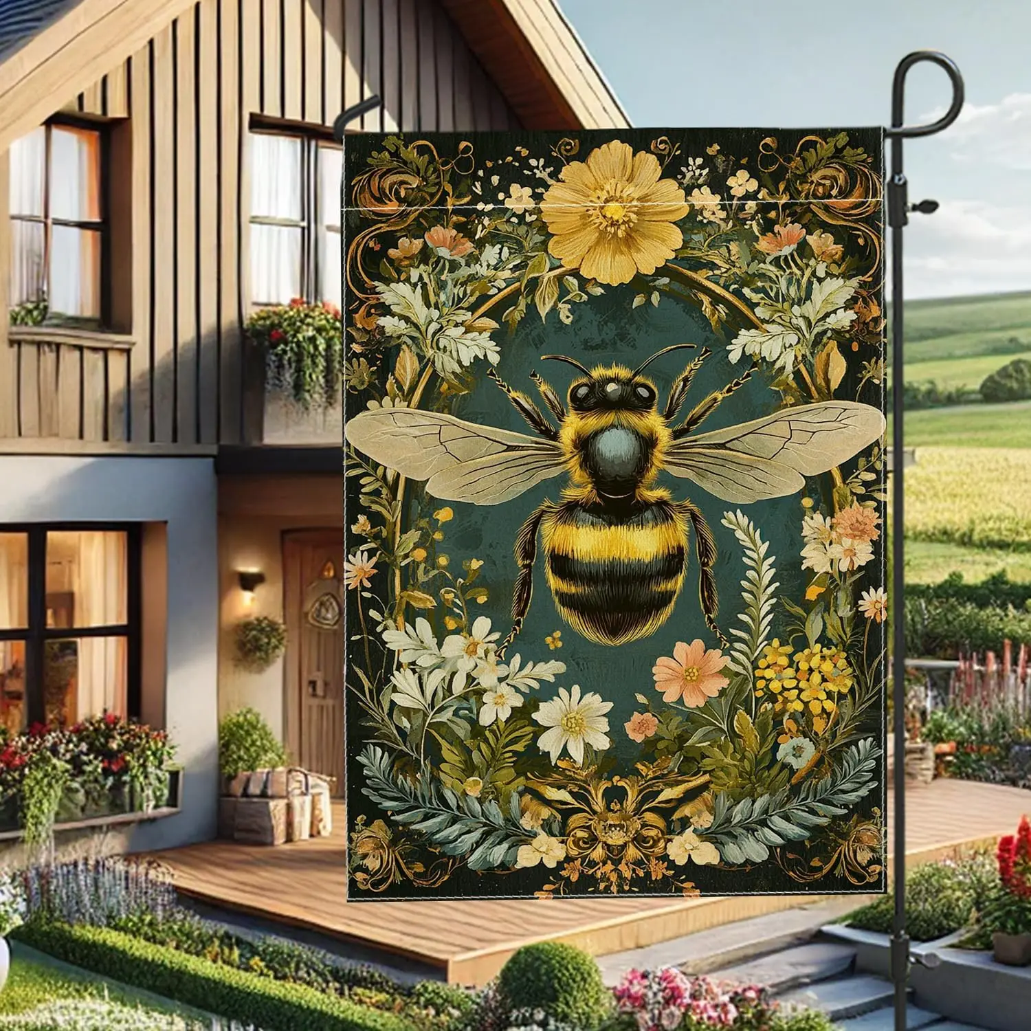 Vintage Bee Garden Flag, Black Floral Bees Yard Decor, Double Sided Outdoor Banner for Spring Summer Home Decoration 12x18 I uui