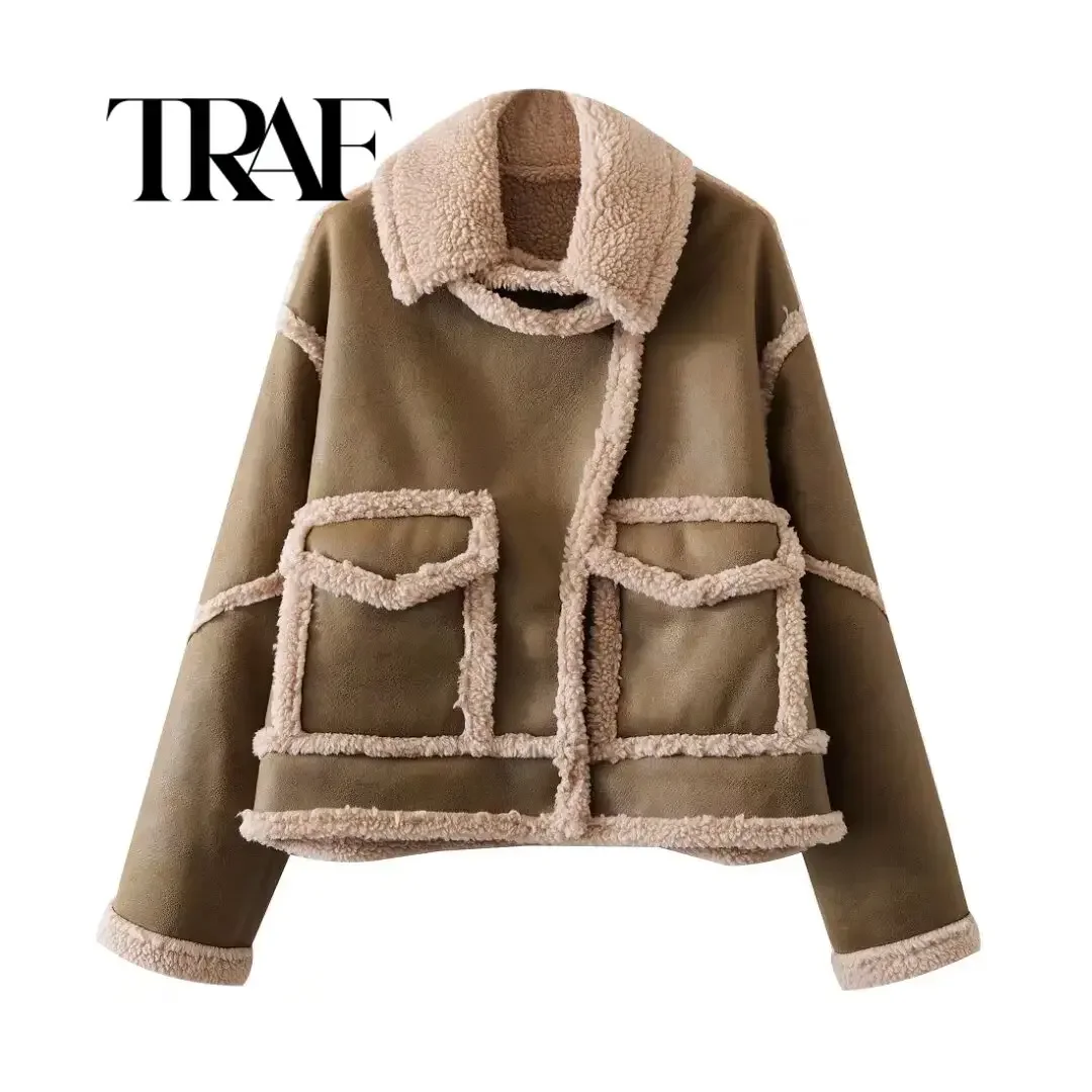 TRAF Women Coats Winter Vintage Faux Fur Jacket Fashion Warm Parkas Female New in Outerwear Korea Tops Clothing Fur Coat Women