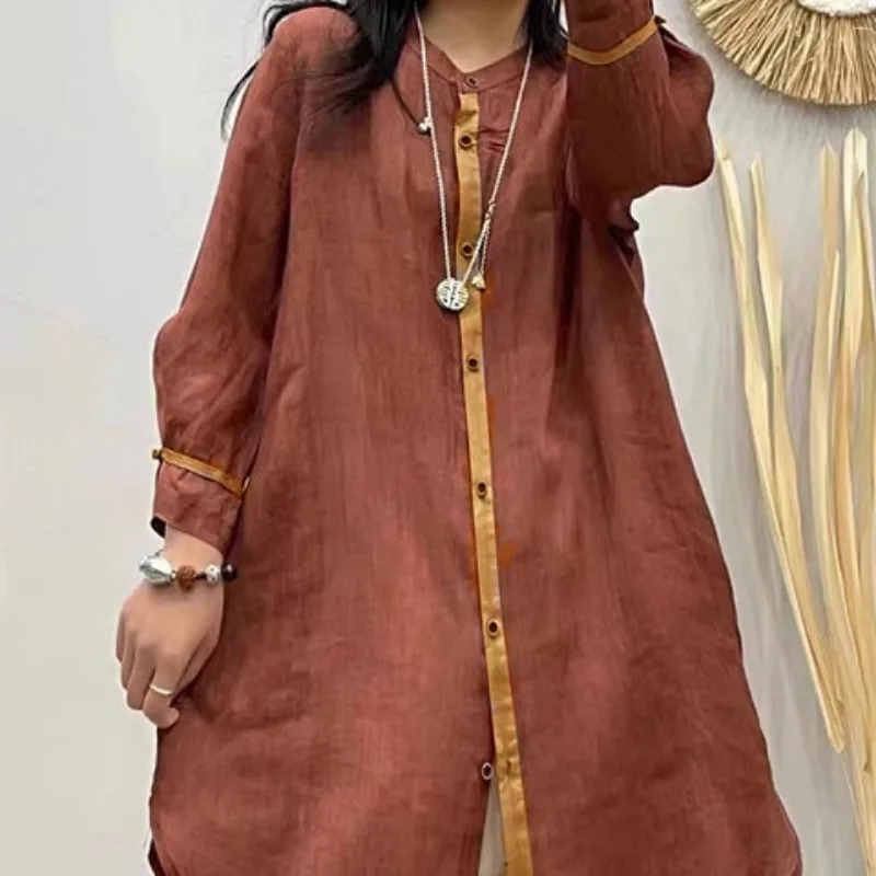 

Women's Linen Long Shirt Cardigan Green Contrast Trim Button Down Casual Loose Kimono Coat