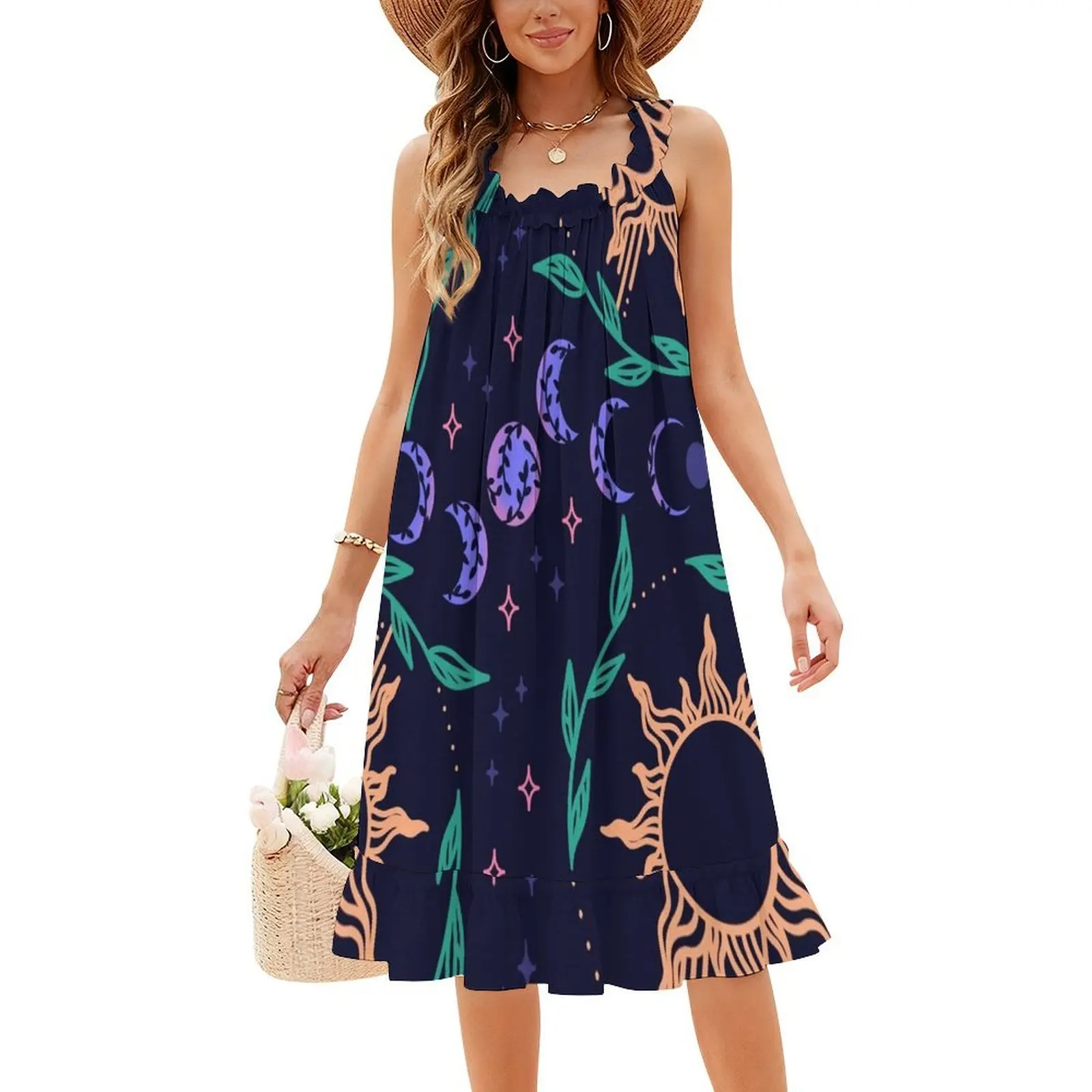 مراحل القمر سلسة نجوم الشمس وأوراق الشجر نمط المرأة الشارع الشهير فستان الحفلات العصرية طباعة نادي الملابس للإناث سلس