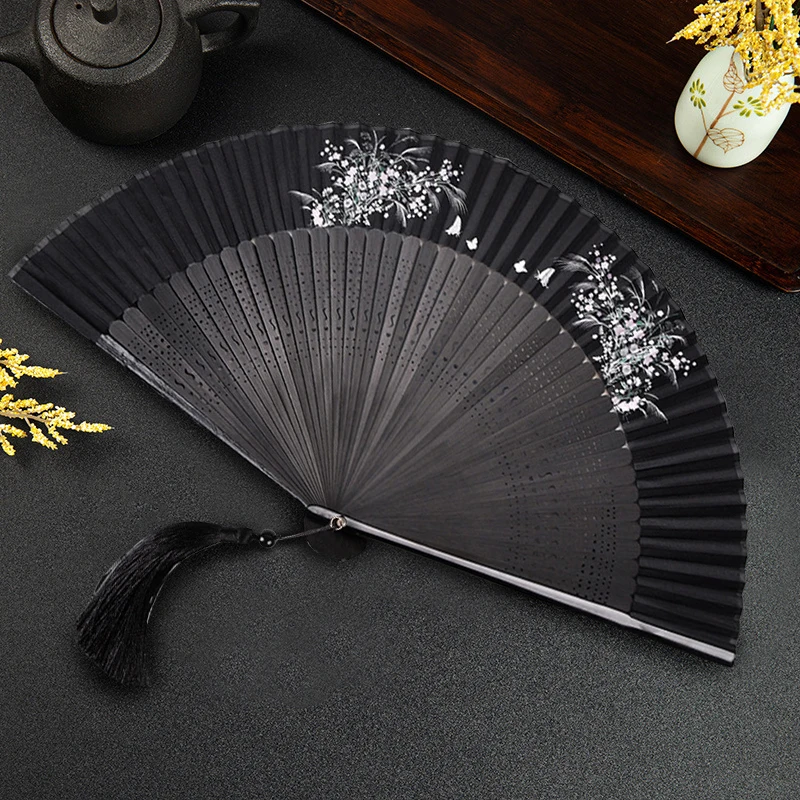 Chinese Style Flower Plant Patterns Folding Fans Vintage Pendant Tassels Hollow Out Dance Hand Held Fans Performance Props