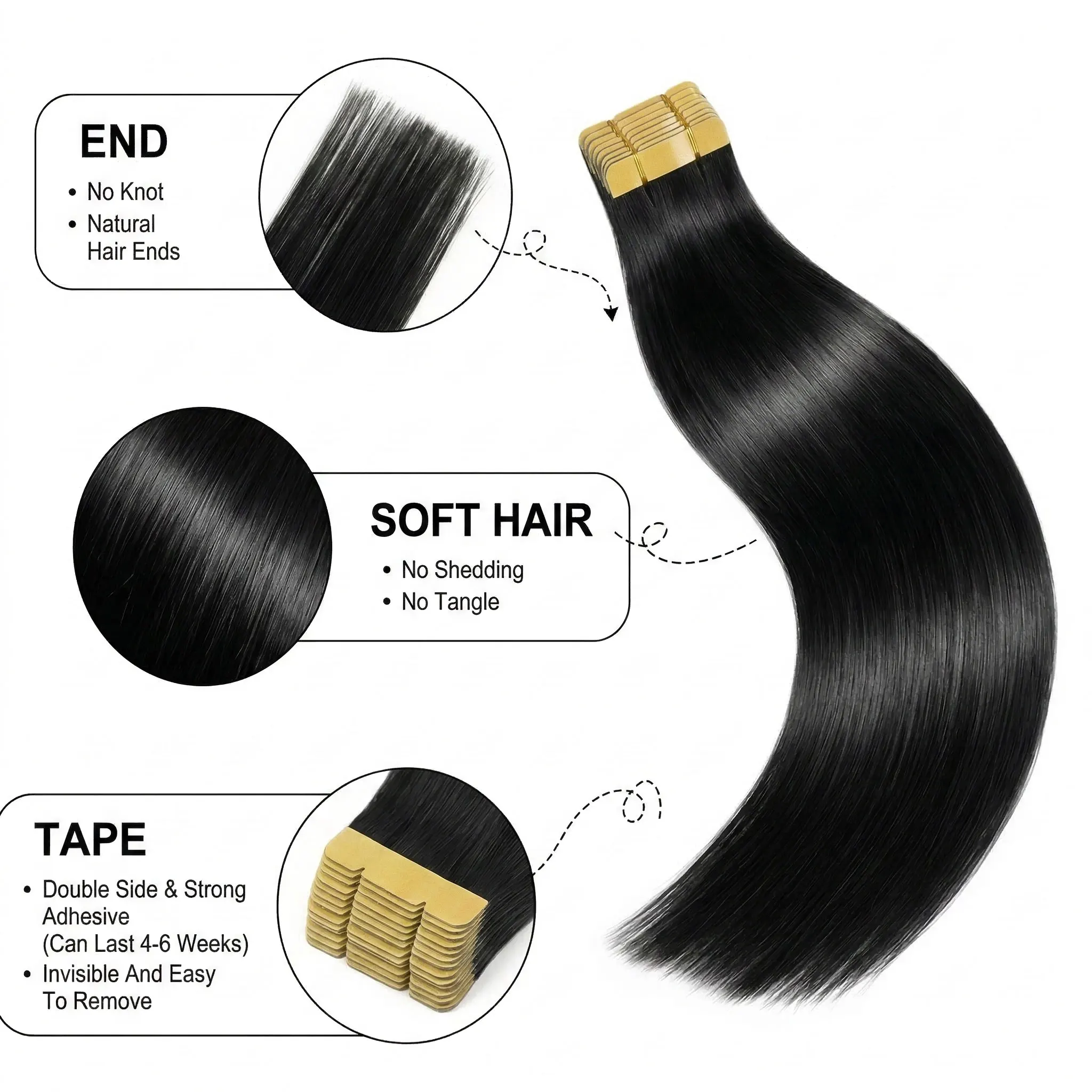 Tape In Hair Extensions Human Hair Seamless Invisible 22 24 Inch Natural 1B Black Color 21Pcs/Pack 50g Remy Straight Brazilian 100% Pure Human Hair For Women