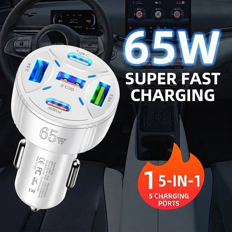 65W Fast Car Charger 5-Port Multi USB C Auto Adapter PD30W QC3.0 Wide Voltage 12V-30V Fits Family Cars For iPhone 17 16 Pro Max