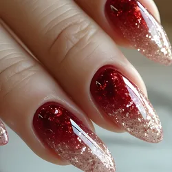 24Pcs Gradient Red Press on Nails with Sequin Glitter Long Almond Fake Nail Wearable Stiletto Nails Art Artifical False Nails