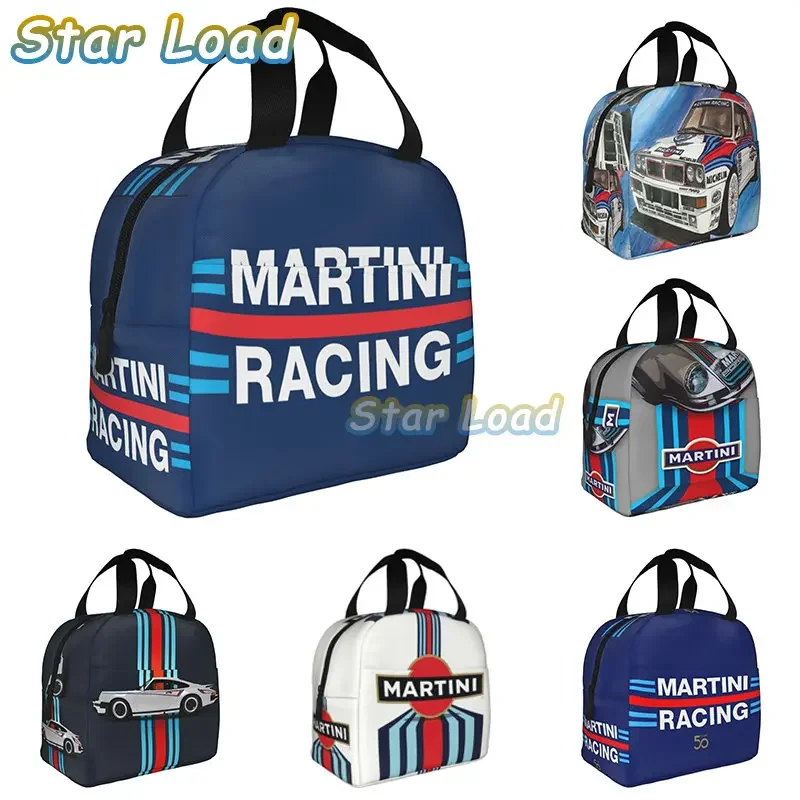 Martinis Race Stripes fiambreras portátiles Sportscar Motor Racing, enfriador térmico para alimentos, bolsa de almuerzo aislada, caja para niños y