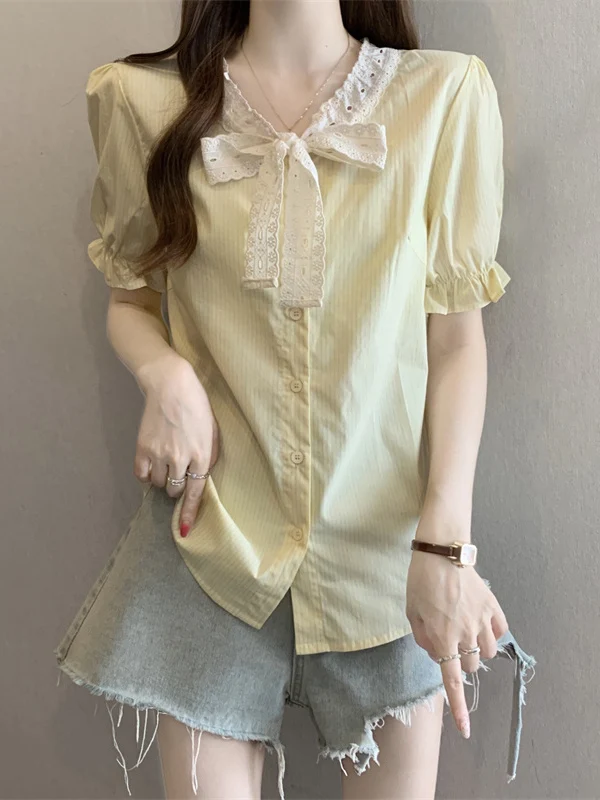 

Yellow Lace Knot Flared Sleeve Short Sleeve Shirt Women's Summer New Style plus Size Anti-Aging Top Korean Style