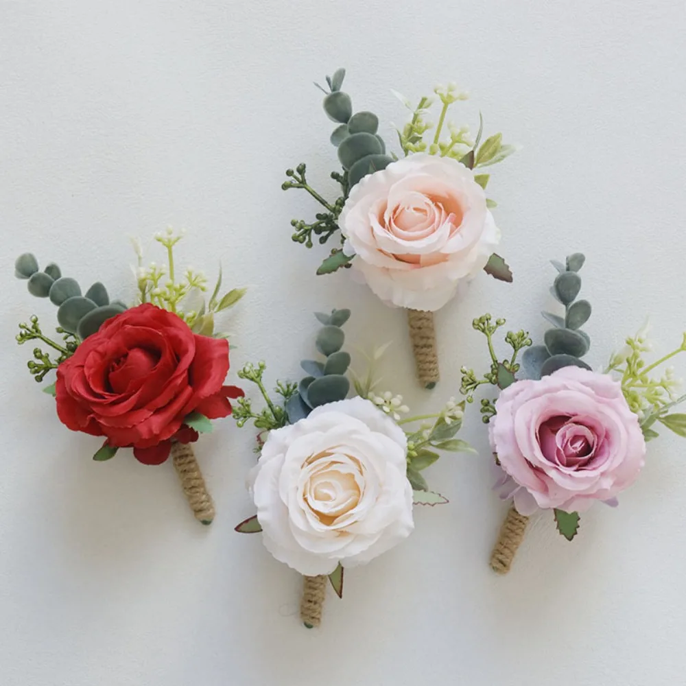 ホワイトブートニア 男性用 新郎 花婿の付添人 ベストマン ゲスト ブートニア 造花 シルク ローズ 結婚式 プロム セレモニー用