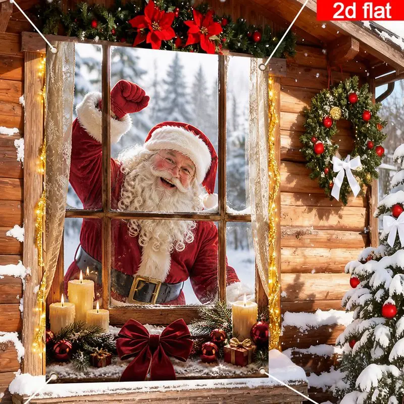VIKAMA Easy to Install Christmas Curtain Santa Claus Window Snowy Forest Candles Wreath Bow Living Room Window Winter Decor
