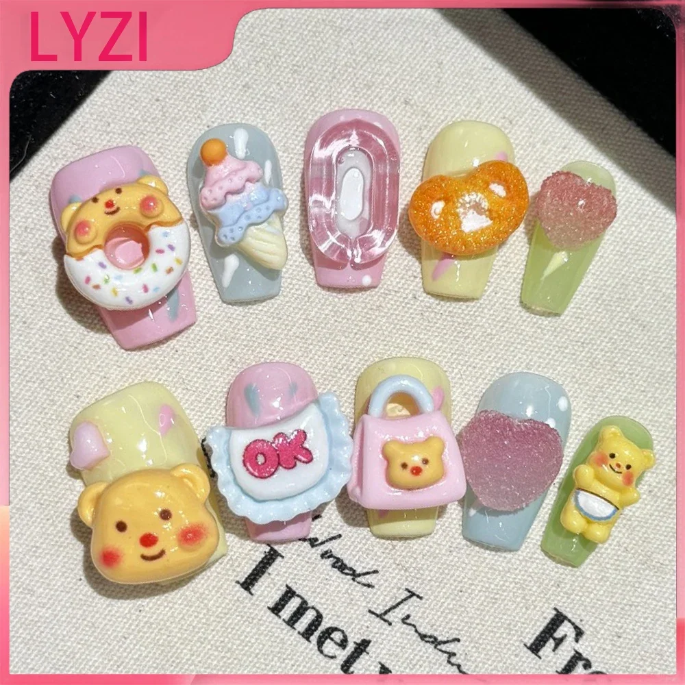 

Kawaii Cute Butter Bear Sweet Cartoon Donut Handwork Nails Shiny Schoolgirl Accessory Fake Nails Decoration Festivals Gift