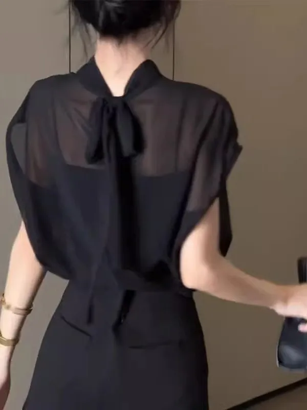 

Faionable Versatile Thin Lace ort Sve Chiffon irt Women Summer Ba Tie Design Loose Slimming Stand Collar Top
