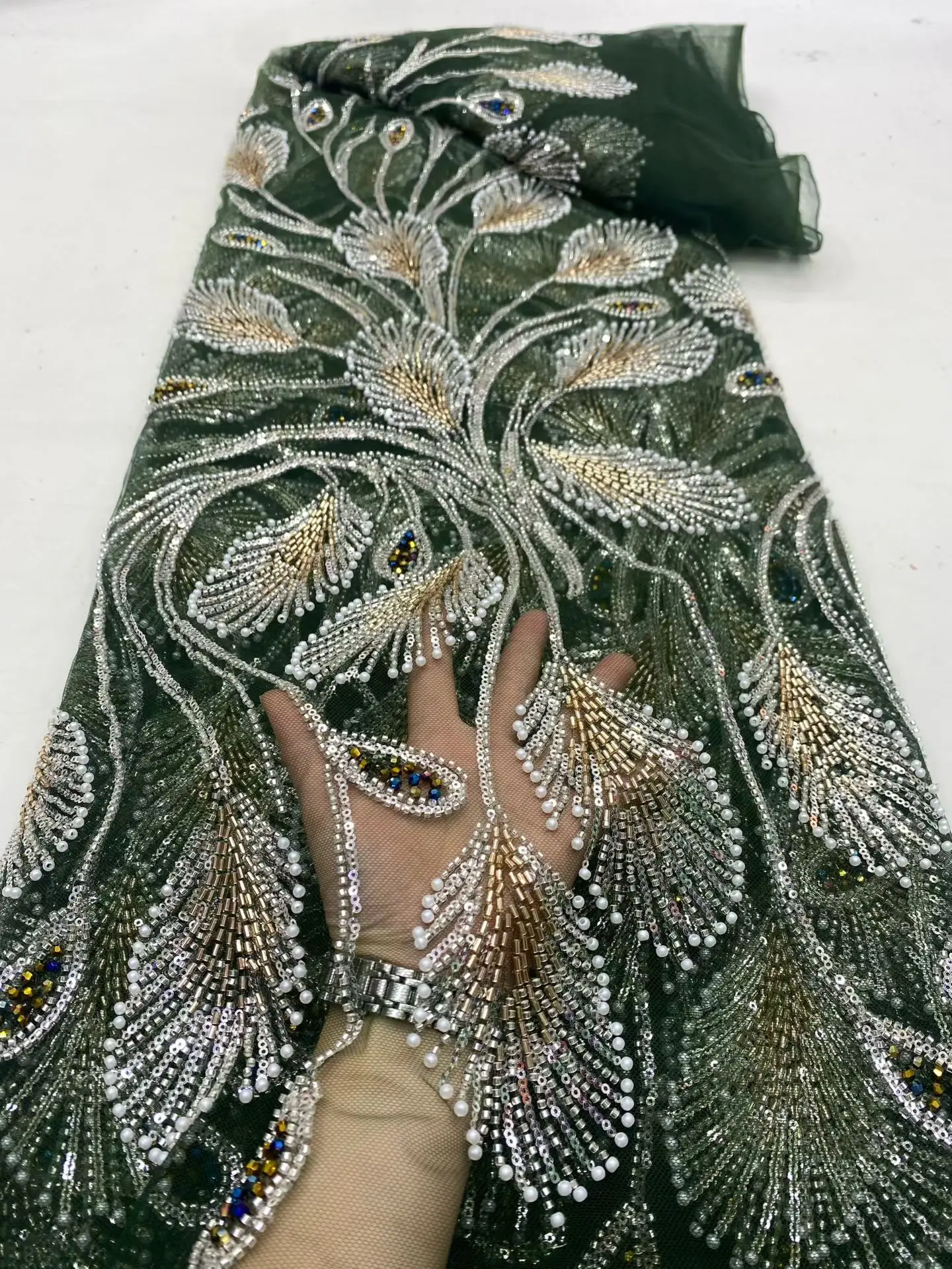 

High Quality African Beads Lace Fabric 5 Yards French Nigerian Groom Sequins Lace for Wedding Party Dress Sewing VD6359