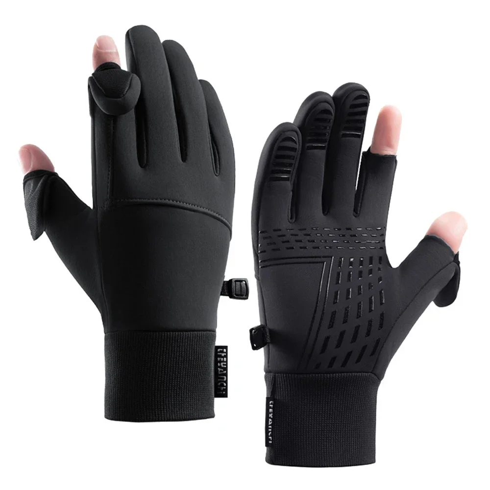 Waterproof Windproof Riding Gloves, Plush Warm Anti Slip Touch Screen Gloves Winter Flip Open Two Finger Gloves for Unisex