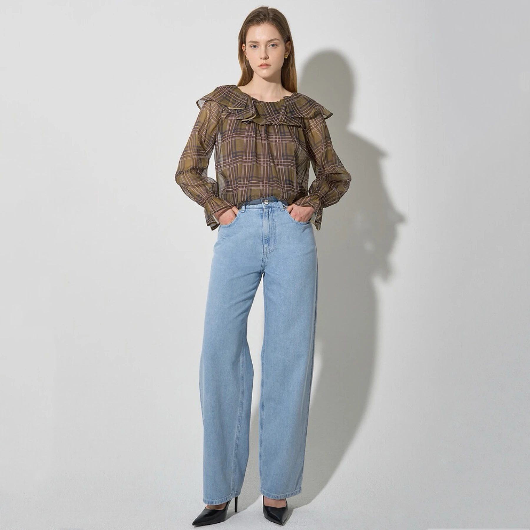 

Lightweight Loose Fit Faionable round Ne Lemonass Cheese LAN25 irt Spring Commute Sle Breathable Long Sve Plaid