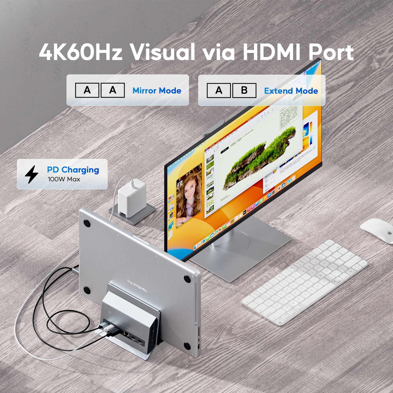 M.2 SSD 확장, HD 4K, RJ45, USB-C, 모든 기능을 갖춘 Type-C 노트북을 위한 USB-A 2개를 갖춘 PULWTOP 수직형 노트북 도킹 스테이션