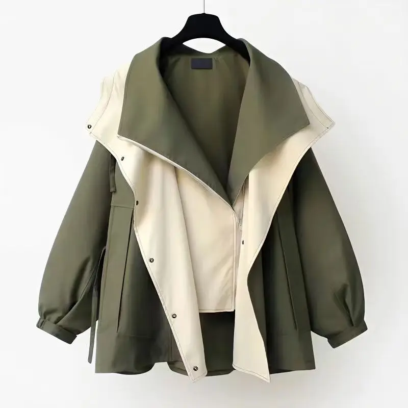 Autumn Chic Women\'s Windbreaker Contrast Fake Two-Piece Zip Button Wind Coat Belt Hoodie Casual All-Match Trend Outwear Jacket