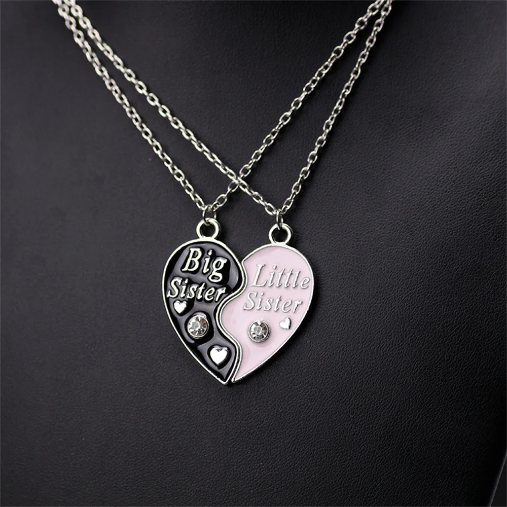 2 Piece Set Sisters Necklace For Women Heart Shape Letter Rhinestone Black Pink Pendant Lady Glamour Alloy Jewelry BFF Gifts