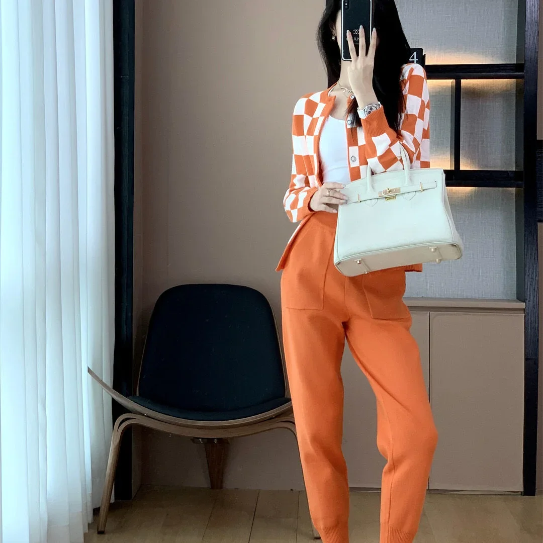 Spring Autumn Trousers Woman Sweater Orange Baggy Pant Sets for Women 2 Pieces Knitted Crochet Lattice Luxury Chic and Elegant D