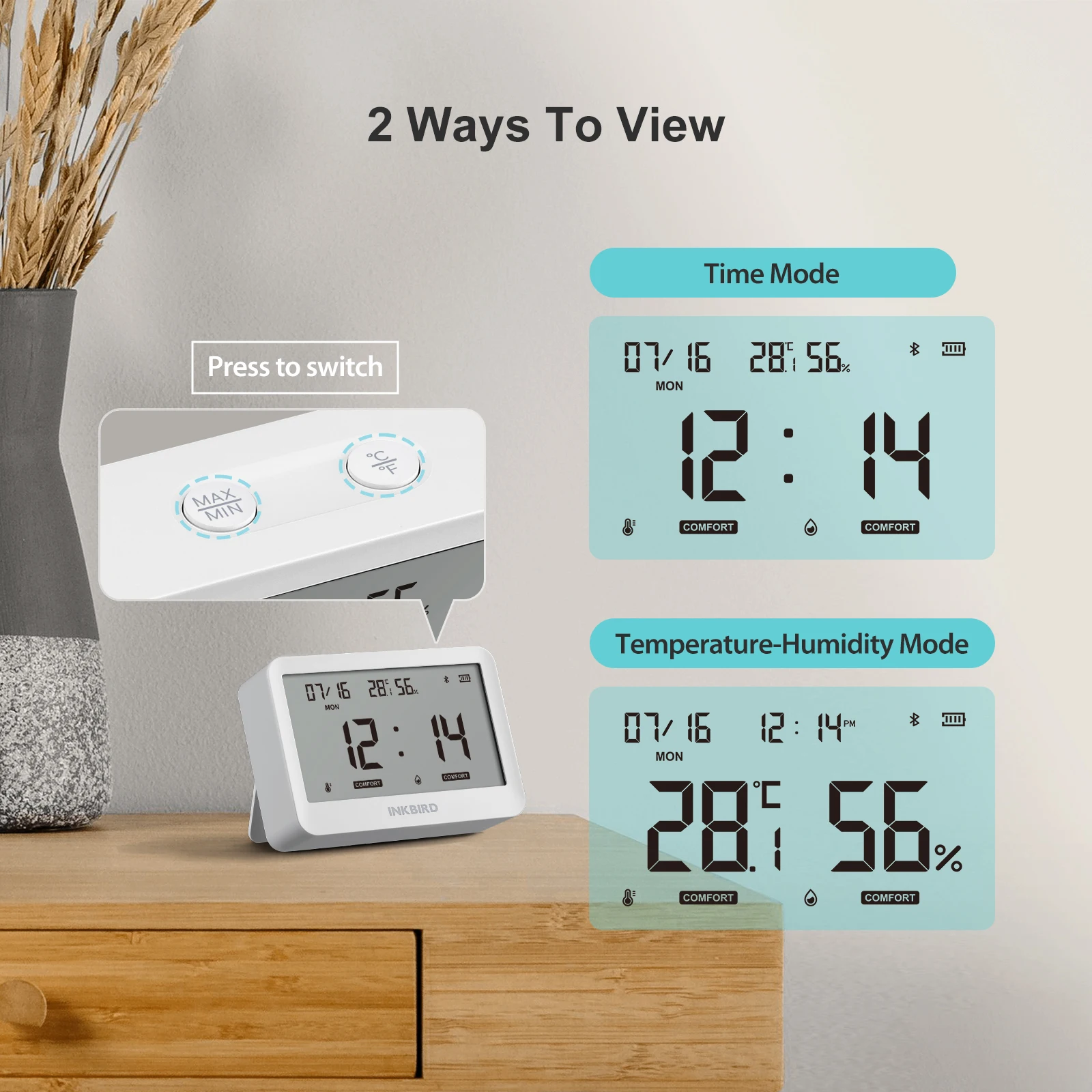 Imagem -02 - Inkbird-smart Thermo Higrômetro Bluetooth Interior Temperatura e Umidade Monitoramento para Carro Escritório Quarto do Bebê Ith21-b em 1