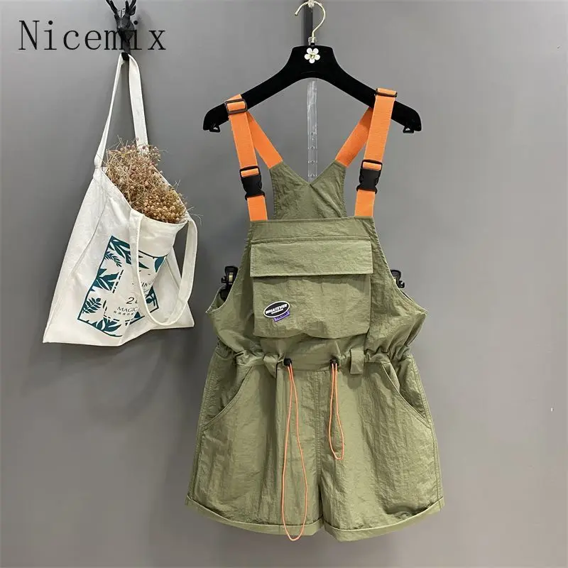 Summer Overalls Shorts Women Rompers New Fashion Causal Drawstring Waist Slimming Wide Leg Curled Hem Jumpsuit Women Shorts