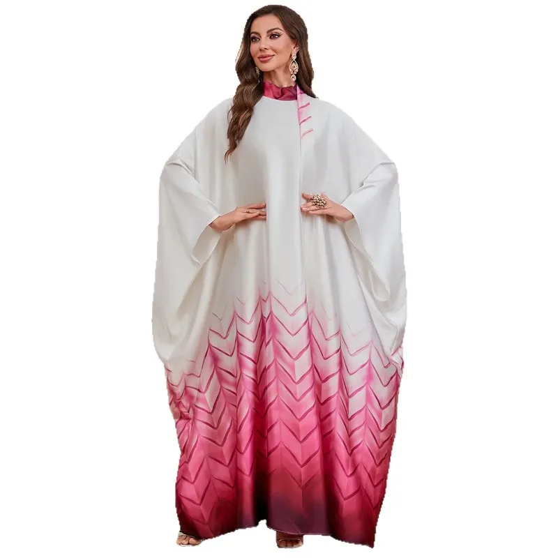 

Plus Size Muslim Dresses for Women Autumn Fashion O-neck Printing Polyester Long Maxi Dress Kaftan Abayas for Women Dubai 2025